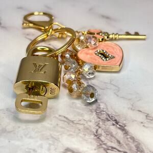 Louis Vuitton Lock & Key Set #300 w/ a Blush Heart & Gold Key Charm Keychain